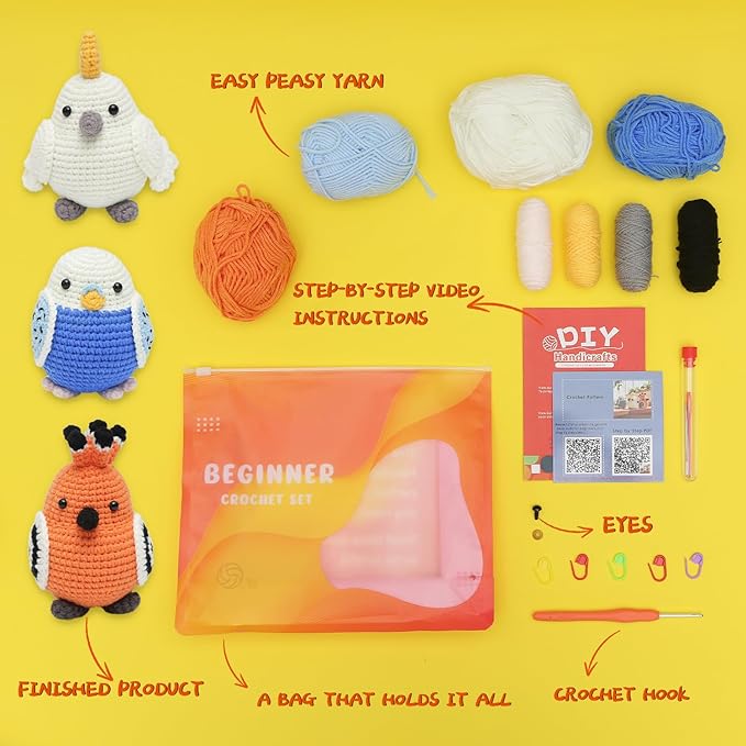 GONELYON Crochet Kit for Beginners, Crochet Kit for Beginners Crochet Starter Kits for Adults and Kids with Step by Step Video, 3 Kawaii Parrots DIY Yarn Plush