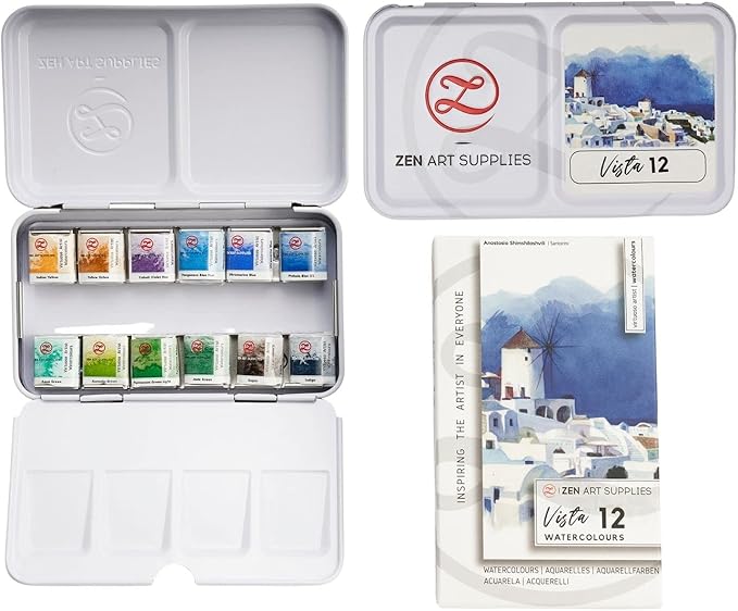 ZenArt Supplies Professional Watercolour Paint Set Vista - Non-Toxic 12 Half-Pan in Metal Tin Palette Portable Travel Vibrant Water Color, (SPN0022-PW12S-C)