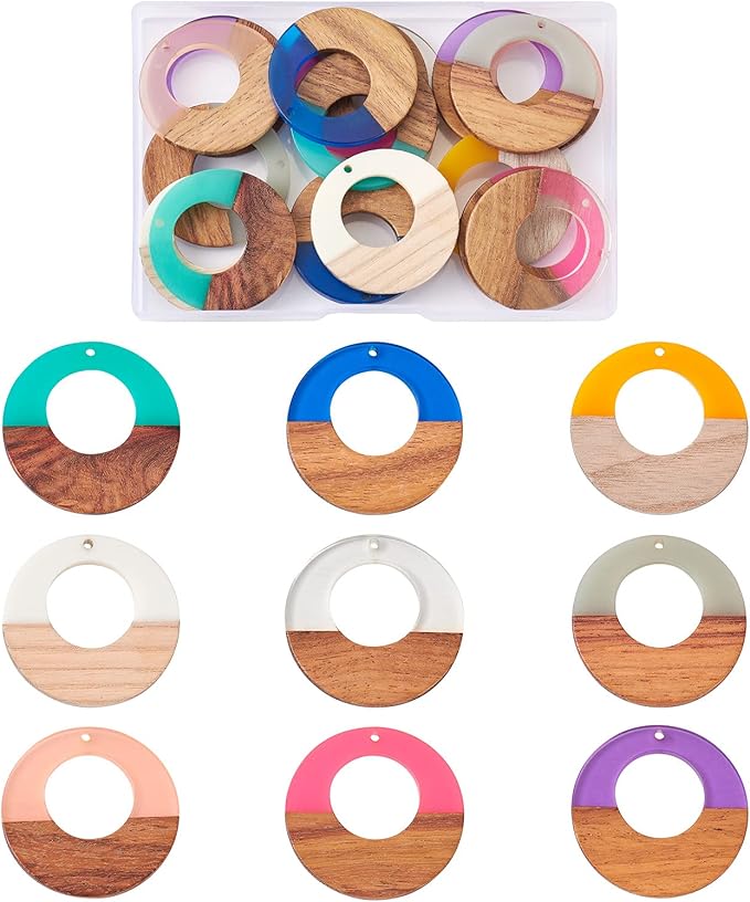 Beadthoven 18pcs/9 Pairs Natural Wood Resin Charms Hollow Round Circle DIY Earrings Pendants Mixed Colors Round Ring Wooden Pieces Pendants for Statement Jewelry Making Findings