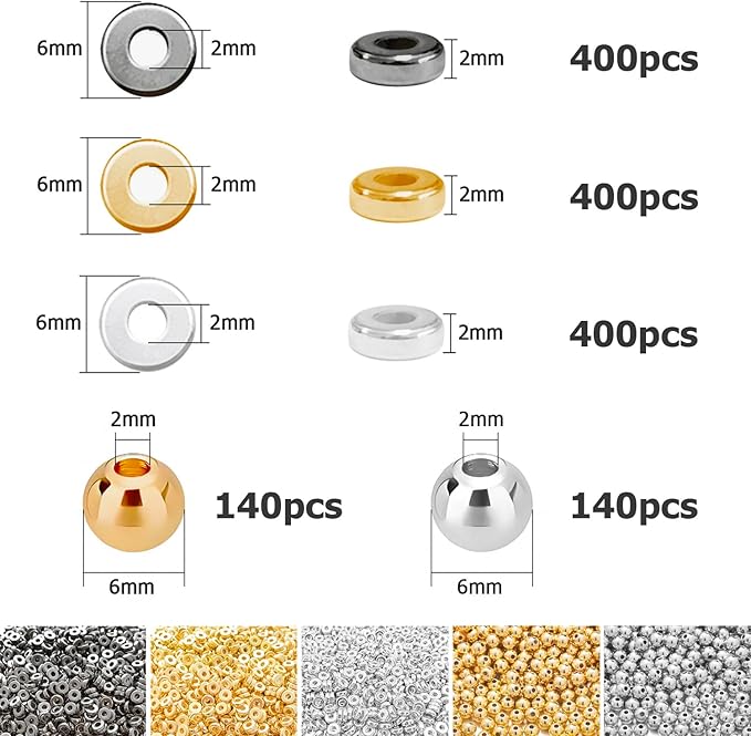 6mm Flat Round Spacer Beads, 1480pcs (280Round) - Gold, Silver, Black - Copper Coated Plastic - DIY Jewelry Making Kit