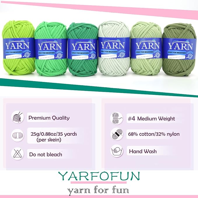 6 Pack Cotton Crochet Yarn for Beginners - Olive Avocado Green with Easy-to-See Stitches