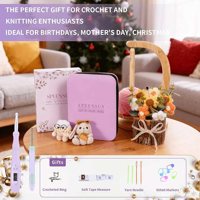 SPEENSUN Light Up Crochet Hook Set with Stitch/Row Counter, 18 Replaceable Heads (2mm-14mm) Crochet Hooks, Bright/Low Light Modes with Ergonomic Handle, 7-9hrs Runtime, Gift Box for Crafters