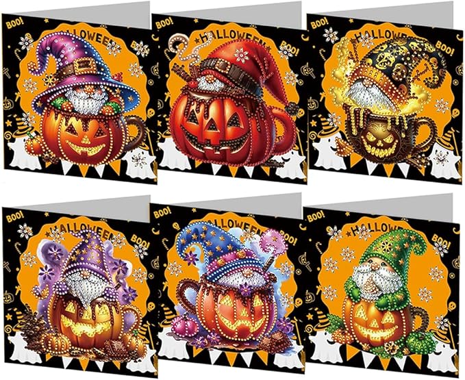 5D DIY Diamond Painting Greeting Card Kit, Diamond Art Halloween Pumpkin Gnome Holiday Greeting Card, Art Crafts Kit Creative Gift with Envelope (6pcs-Yellow)