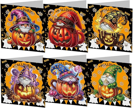 5D DIY Diamond Painting Greeting Card Kit, Diamond Art Halloween Pumpkin Gnome Holiday Greeting Card, Art Crafts Kit Creative Gift with Envelope (6pcs-Yellow)