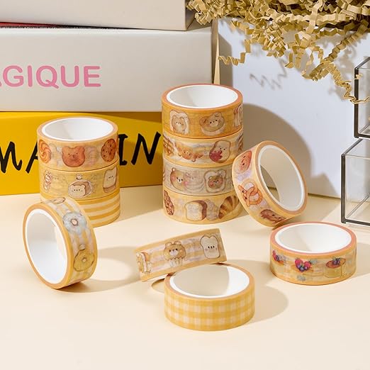 Bakery Bless Washi Tape - 12 Rolls Cute Donut Bear Waffle Bakery Washi Colored Masking Painters Scrapbook Decorative Art Tape Set DIY Crafts Self Adhesive Gift Wrapping Scrapbooking Supplies