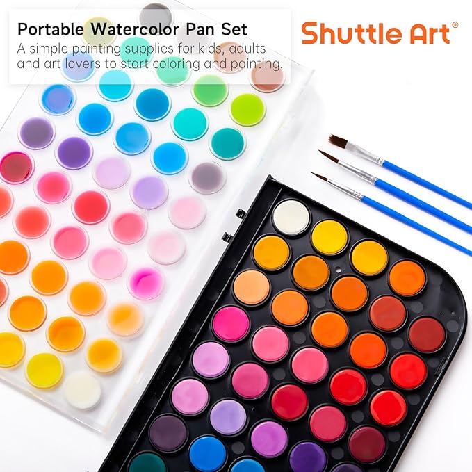 Shuttle Art Watercolor Paint Set, 48 Colors Watercolor Paint Pan Set with 3 Paint Brushes for Beginners, Artists, Kids & Adults for Painting, Journaling, Calligraphy Practice