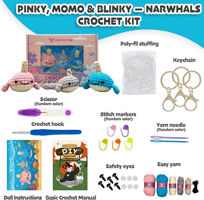 Crochet Kit for Beginners, Learn Crochet Animal Kit, Include Video Tutorial & Manual, Easy Knitting Yarn for Adult & Kid 12+, DIY Holiday Birthday Gift Idea(3pcs Whale Family)