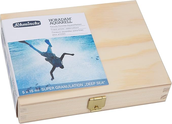 Schmincke - HORADAM® AQUARELL, Super- Granulation Set Deep Sea, 5 x 15 ml tubes, 74 841 097, wooden box, very strong supergranulating watercolor paints
