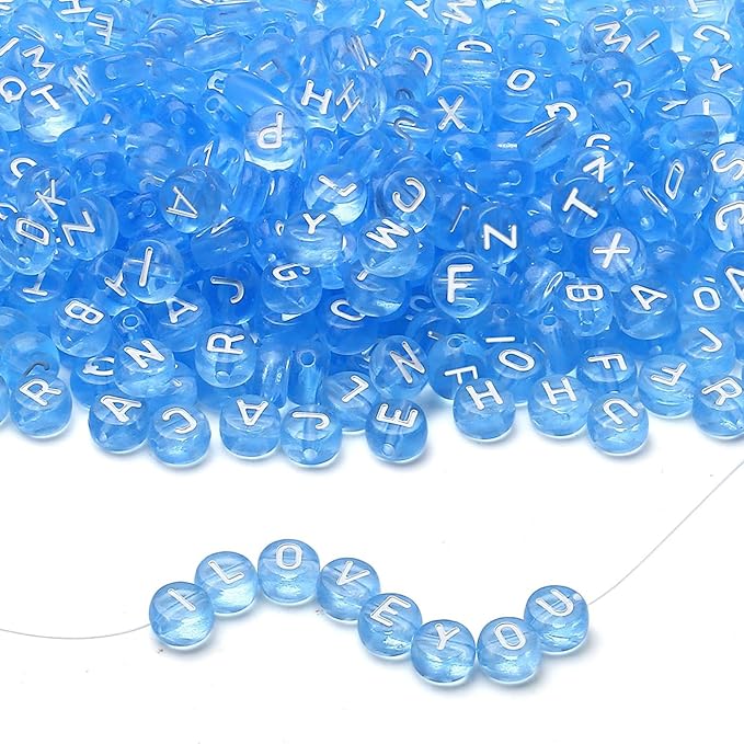 LAIDANLA 1500PCS Acrylic Letter Beads Alphabet White Letters Blue Transparent Round Bead 7×4mm for Jewelry Bracelets Necklaces Key Chains Making