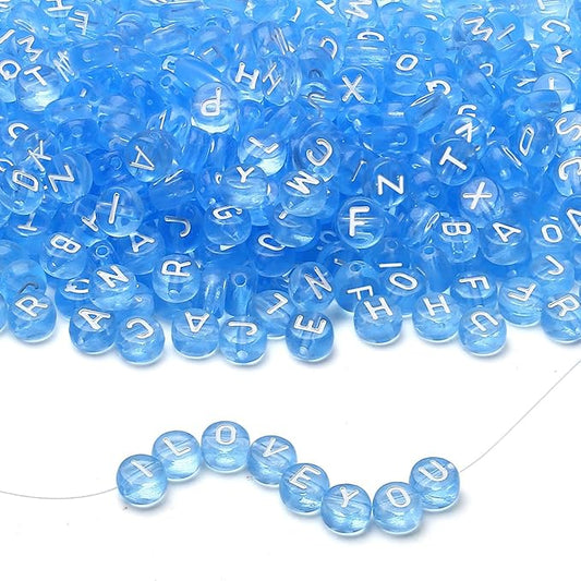 LAIDANLA 1500PCS Acrylic Letter Beads Alphabet White Letters Blue Transparent Round Bead 7×4mm for Jewelry Bracelets Necklaces Key Chains Making