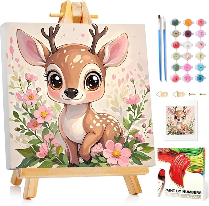 Paint by Numbers Kit for Kids with Frame, Deer Paint by Numbers for Kids Ages 4-8-12, DIY Deer Acrylic Oil Painting for Home Wall Art Decor Gift 7.8x7.8 inch (with Frame Easel)