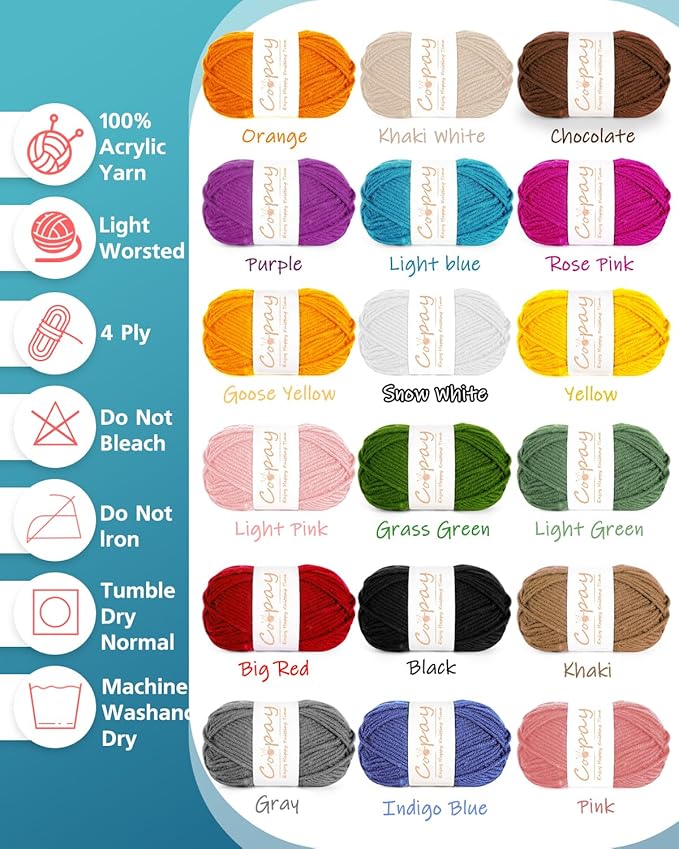 Coopay 25gx18 Colors Crochet Yarn Pack with Crochet Hooks (3mm+4mm), 1377yd Acrylic Yarns for Crocheting Animal Kit, Multicolor Yarns Set 4ply Soft Yarn Kit for Beginners/Professionals