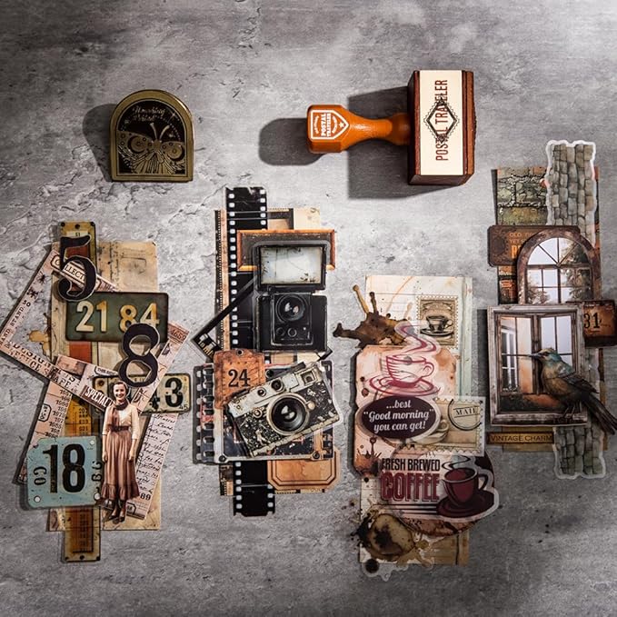 Vintage Scrapbook Kit, 90 Sheets Coffee Stain Manuscripts Materials, Scrapbooking Stickers and Decorative Papers Collage, Ephemera for Junk Journal Supplies, Journaling, Crafts Arts, Scrap Booking