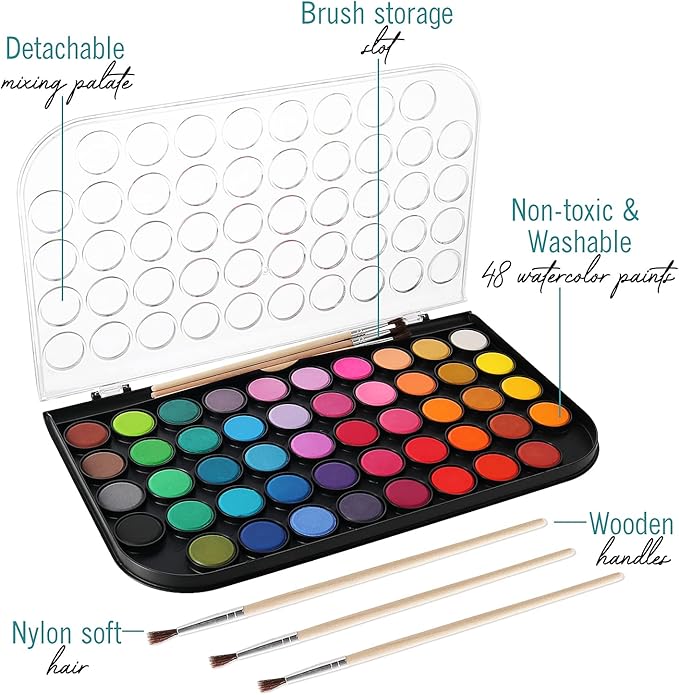 Watercolor Paint Set, 48 Colors of Premium Quality, Washable, Water color with Mixing Palette and 3 Paint Brushes for Adults, Kids, Beginners & Artists