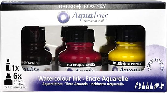 Daler-Rowney Aquafine Watercolor Ink 6-Color Intro Set with Marker - Versatile Liquid Watercolor Ink for Artists and Students - Use with Paint Brushes, Technical Pens, Airbrushes, and Paint Markers