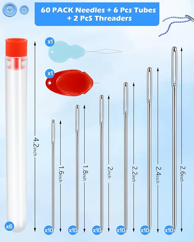 FIVEIZERO 60 PCS Steel Needles for Hand Sewing, Large Eye Sewing Needles Set with 6 Sizes, Stainless Steel Hand Quilting & Leather Embroidery Needles Includes Threaders for Arts & Crafts