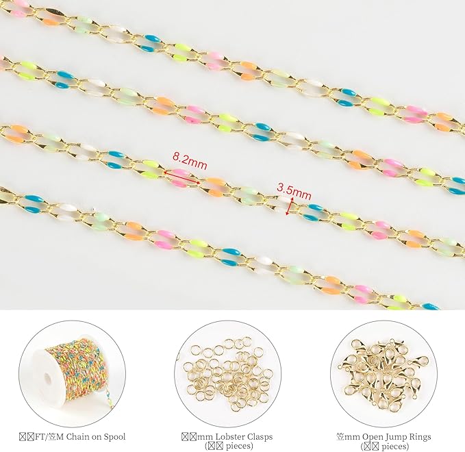 KYUNHOO 4 Meters Colorful Oil Drip Cable Chain for Jewelry Making, 16K Gold Plated Brass Chain Mixed Color Enamel Chain Necklace Women Bracelet DIY Jewelry Supplies Findings