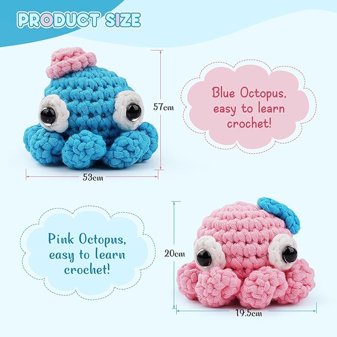 Vanttokeey Crochet Kit for Beginners, Animal Amigurumi Crochet Kits Included, Step-by-Step Video Tutorials, Beginner Crochet Kit for Adults and Kids, DIY Easy Crochet Crafts (Octopus)