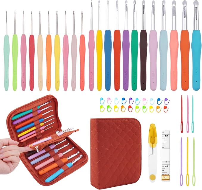 BsHooker 22 Sizes Crochet Hooks Set with Storage Case,0.5mm-10mm Crochet Hooks with Ergonomic Soft Handle for Arthritic Hands,Crochet Kit for Beginners,Red
