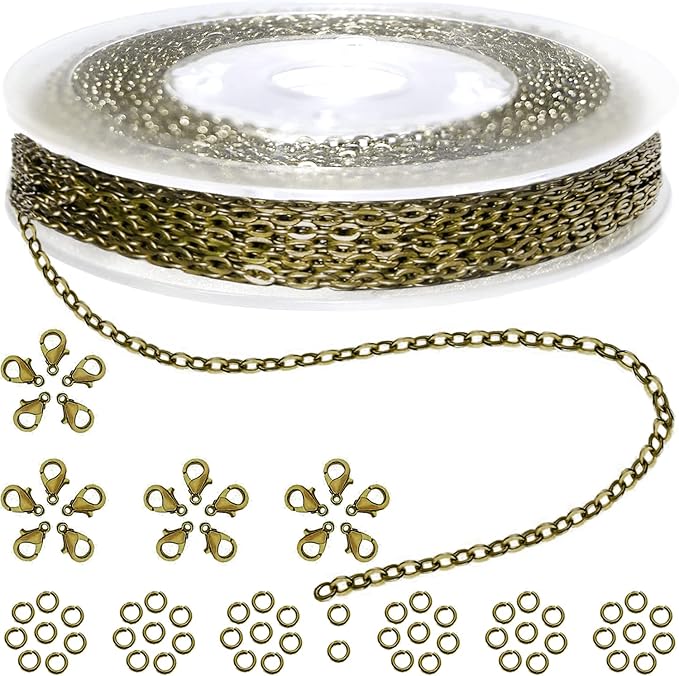 jishi 33ft link cable chain roll 2mm, bronze chain for jewelry making necklace earring bracelet diy craft jewelry making findings supplies, bronze plated iron metal rolo necklace chain spool set