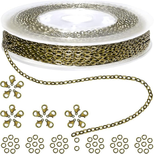 jishi 33ft link cable chain roll 2mm, bronze chain for jewelry making necklace earring bracelet diy craft jewelry making findings supplies, bronze plated iron metal rolo necklace chain spool set