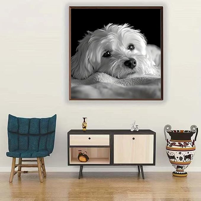 mrpwnle Dog Diamond Art Kits for Adults, White Cute Dog Diamond Painting Kits for Adults, 5D Diamonds Painting Kit, DIY Full Round Drill Gem Art Crafts Kit, Home Wall Decor Gifts 11.8x11.8inch