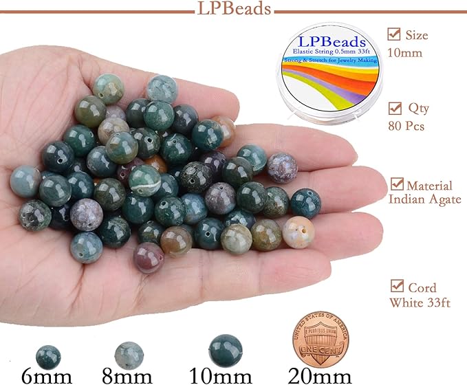 LPBeads 80Pcs Polished 10mm Round Natural Indian Agate Gemstone Loose Beads with Stretch Cord for Jewelry Making Bracelets