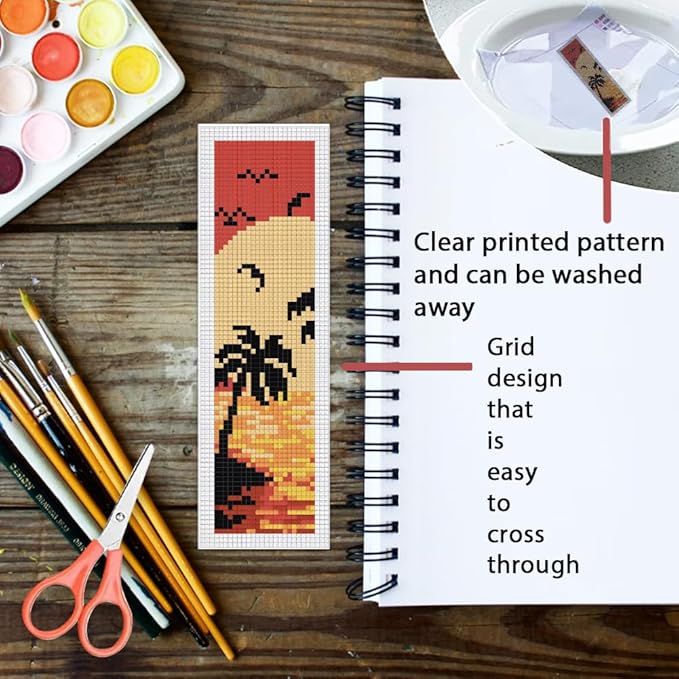 ORIGACH 6 Pcs Cross Stitch Bookmark Kit for Beginner Adults, Sunset Landscapes Stamped Embroidery Bookmark Kit with Instruction for Starters Printed Cross Stitch DIY Kits for Book Lovers