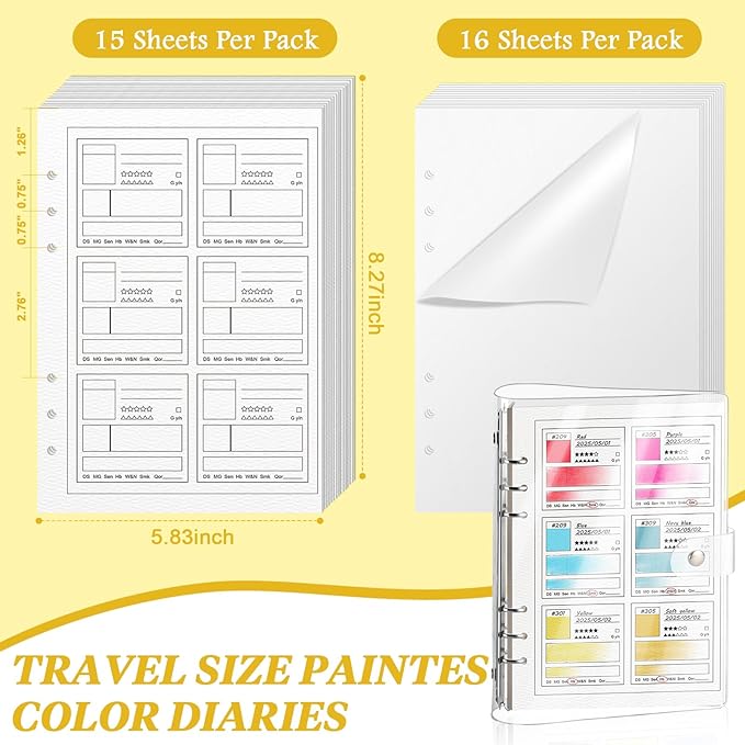 2 Pack A5 Watercolor Swatch Book Painters Color Diary Watercolor 15 Sheets Water Water Color Paper for Artists 140lb 100% Cotton 16 Sheets Glassine Coloring Book Binder for 6 Ring
