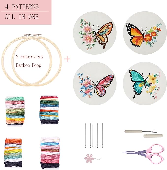 bonroy 4 sets embroidery set for beginners, art craft, easy sewing, includes embroidery clothing, pattern, embroidery hoop, instruction manual, colorful thread needles set (butterfly)