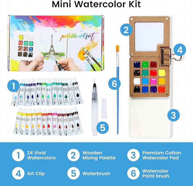 Mini Watercolor Paint Set, Travel Watercolor Paint kit with 24 Colors, Refillable Brush & Sketchbook, Ideal Watercolor Palette for Travel, Creative Painting Kit for Beginners and Artists(15 Gird)