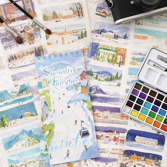 20 Sheets Pre-Cut Winter Scenery Scrapbook Sticker Book for Scrapbooking Supplies, Dual Washi and PET Materials Decorative Stickers for Journaling, Collage, Bujo, Crafts, 4.5 x 9.8 inches