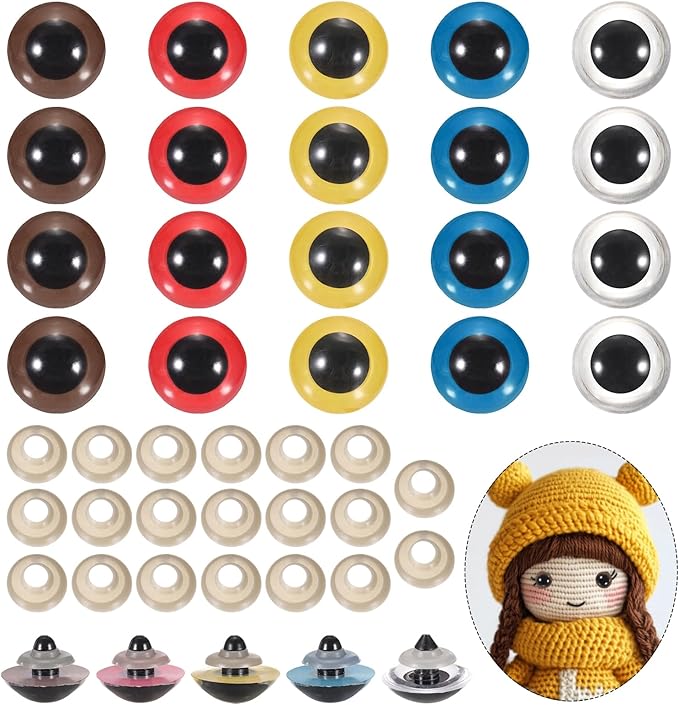 PATIKIL 26mm Safety Eyes, 20Pcs Realistic Doll Crocheting Safety Eyes with Washers for Decor Crochet Accessories Dolls Craft Halloween, Brown/Blue/Clear/Red/Yellow