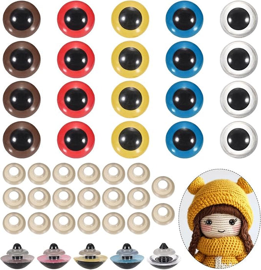 PATIKIL 28mm Safety Eyes, 20Pcs Realistic Doll Crocheting Safety Eyes with Washers for Decor Crochet Accessories Dolls Craft Halloween, Brown/Blue/Clear/Red/Yellow