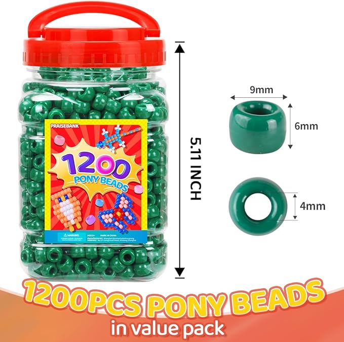 praisebank pony beads, 1200pcs 6x9mm, wholesale beads, bracelets jewelry making, arts & crafts(dark green)