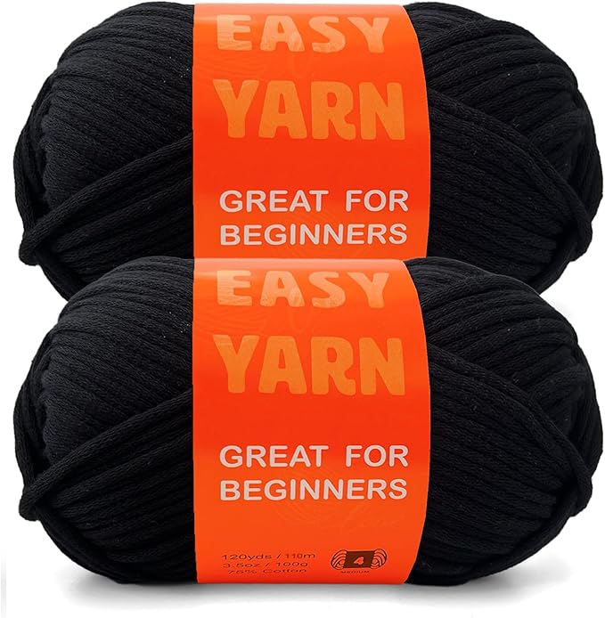 2x3.5Oz Beginner-Friendly Yarn for Crocheting and Knitting;Worsted-Weight Medium #4;Cotton Blend Yarn for Beginners with Easy-to-See Sitches,Great for Amigurumi DIY (Black, 2 Skein)