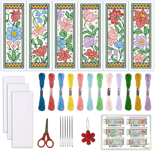 ORIGACH 6 Set Medieval Garden Flower Cross Stitch Bookmark Kit for Beginner with Backing Felt Floss Instructions DIY Stamped Embroidery Bookmark Kit for Adults, Book Lovers