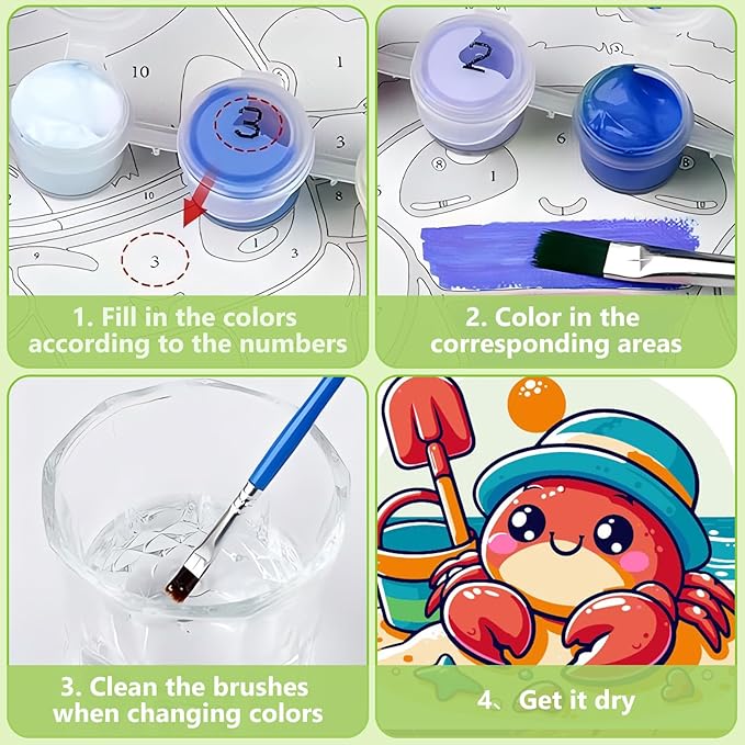 Reivworl Paint by Numbers Kit for Kids with Frame and Easel, Crab Paint by Number for Kids Age 6-8-12, Paint by Numbers Kits for Gifts and Home Decor - 8X8Inch