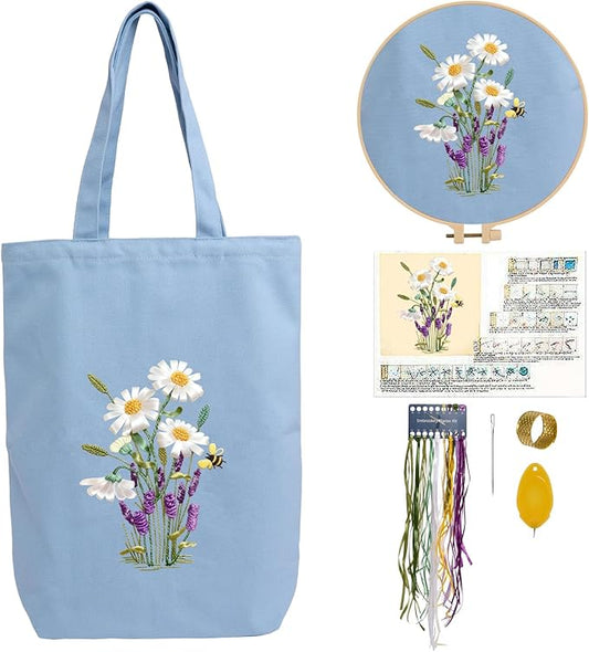 Canvas Tote Bag Embroidery Kit with Pattern for Beginners, Arts and DIY Embroidery Crafts Kits for Adults, Instructions, Embroidery Hoops, Color Threads (lightblue, CR002 huaxiangyiren lightblue)