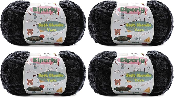 4 * 100g Velvet Chenille Chunky Yarn for Crocheting - 49.2yds per Skein Plush Fluffy Yarn - Easy to Use for Baby Blankets, Knitting Creations & DIY Crafts (4, Black)
