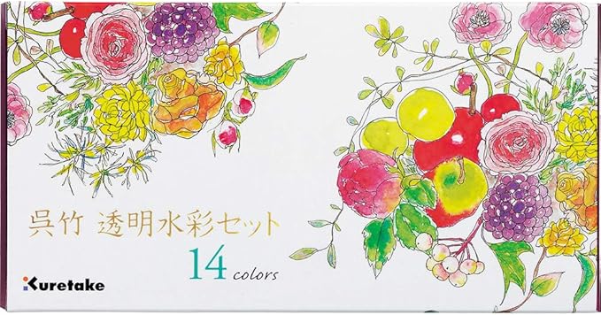 Kuretake WATERCOLOUR TRANSPARENT 14 colors set with fineliner pen and water brush pen, Portable, In a compact box, Vibrant watercolors, For professional and hobbyist, AP-Certified, Made in Japan