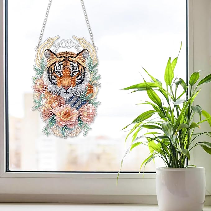 NAIMOER DIY Hanging Diamond Art Kits for Adults, Tiger Diamond Painting Kits, Special Shaped Rhinestone, Acrylic 5D Gem Art Craft Window Pendants Home Garden Wall Hanging Ornament Kits