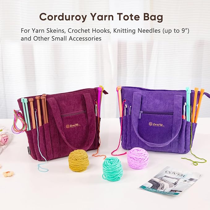 Crochet Bag and Tote - Corduroy Yarn Bag - Yarn Holder for Crocheting - Crochet Storage Bag for Crochet Hooks, Crochet Accessories, Knitting Bag for Crochet Lovers, Mother's Day Gift