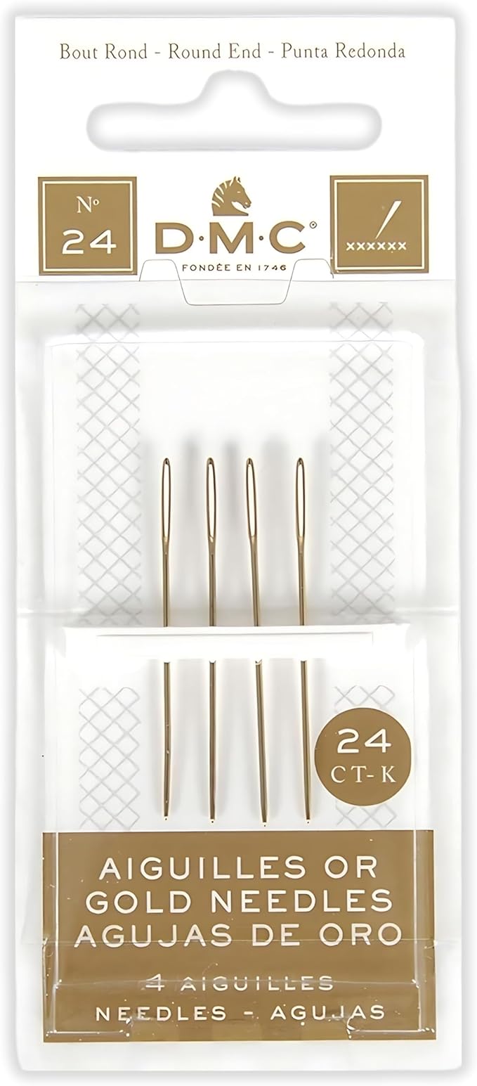 DMC Size 22-24-26 (3 Pack) Gold Cross Stitch Needles Kit, Large Eye Round End Embroidery and Tapestry Hand Needles with Maker Susan Embroidery Thread Holder Organizer Card (12 Needles, 1 Org Card)