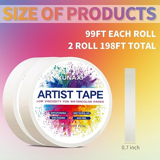2 Packs Art Tape, Artist Tape for Watercolor Paper Low Tack White Painters Tape for Drafting Art Painting Canvas Framing Acid Free Masking Tape-0.7IN Wide 198FT Long Total