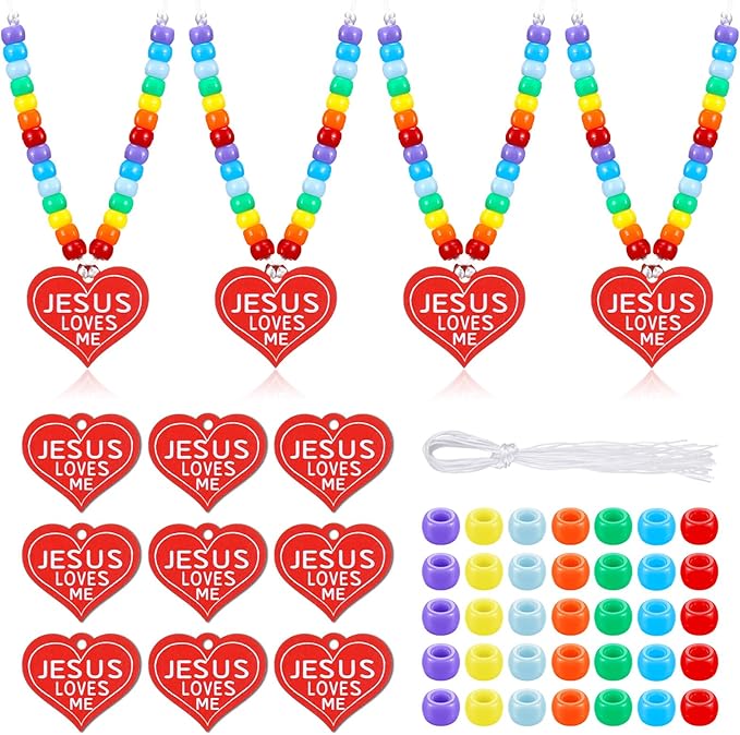 Ferreve 24 Sets Easter Christian Beaded Necklace Crafts Kit DIY Jesus Loves Me Heart Bead Craft Bible Religious Necklace Making Kit Bulk for Sunday School VBS Gifts Making