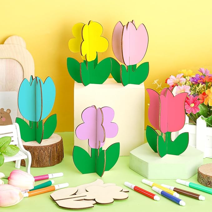 Blosssound 48 Pcs Spring Crafts Set 36 Pcs 3D Wooden Flower Cutouts Unfinished Tulip Slices Wood Daisy to Paint with 12 Colored Pens for Mother's Day Summer Easter Floral Handmade Crafts DIY Projects