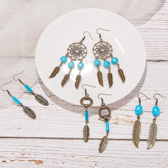 SUNNYCLUE 1 Box DIY 8 Pairs Bohemian Feather Dream Catcher Earring Making Kit Antique Bronze Feather Charm Connector, Turquoise Gemstone Beads, Earring Hooks Jewelry Supplies Beginners, Instruction