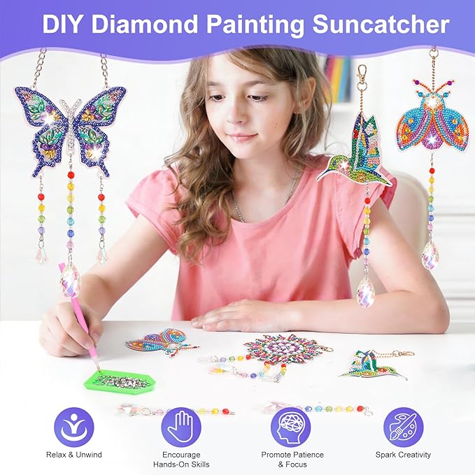VibyTiby 5 pcs Diamond Art Kit, Suncatcher Craft, Complete DIY Kit with Crystals Pendants for Home Decor, Creative Gift for Crafters