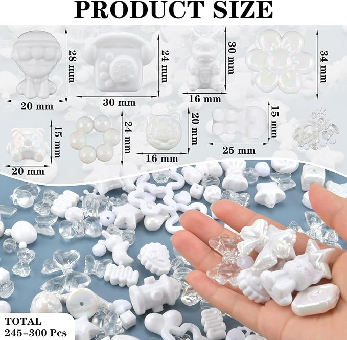 ABONDEVER 245-300Pcs Assorted Acrylic Beads for Bracelets Making Cute Star Bow Flower Candy Heart Gummy Bear Butterfly Beads for DIY Jewelry Crafts Keychain Necklace Phone Charms(White)